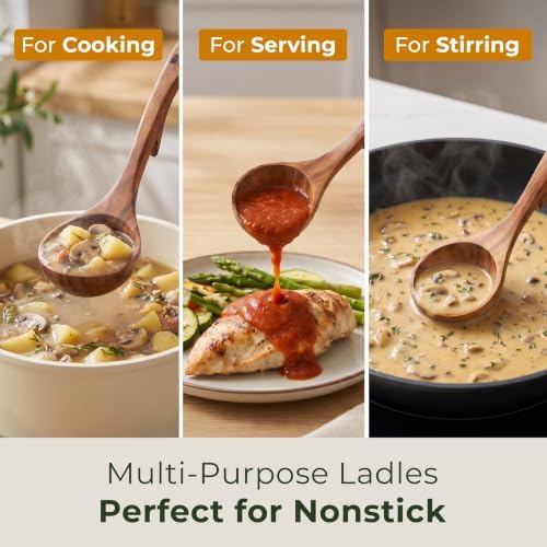 Wooden Ladle for Soup, 3 Large Size Teak Wood Ladle Spoon Set