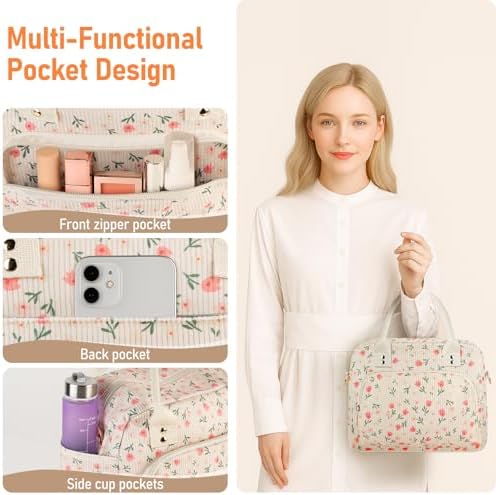 Lunch Bag Large Insulated Lunch Box for Women Men Adult Cute Pink Floral Lunchbox Corduroy Lunch Bags Boxes Pail with Shoulder Strap for Work Mom Picnic Office Travel 11.4×6.8×9.1 inches 11.5L Beige