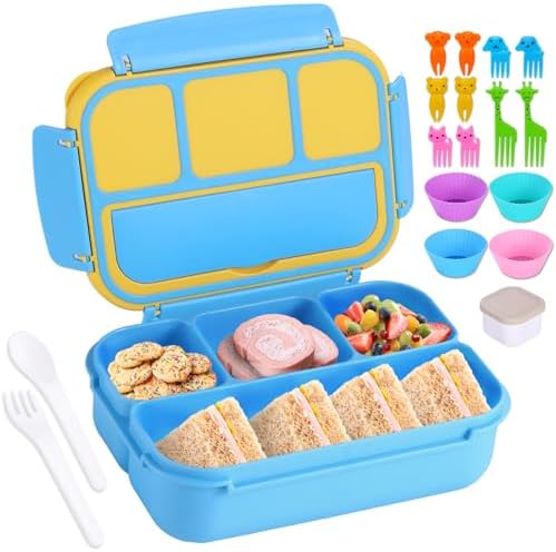 shell and turtle Bento Box for Kids Girls Boys, Bento Box Adult Lunch Box with 4 Compartments, Lunch Containers with Utensils, Sauce Jar, Muffin Liners for School, 40 Oz/5 Cup, Blue