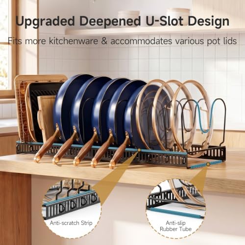 MUDEELA Pot Lid Organizer for Cabinet, Expandable Baking Pan Rack 12 Slots