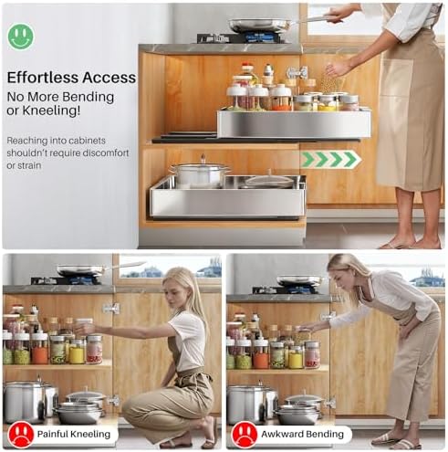 Pull out Cabinet Organizer, Stainless Steel Expandable(12"-20") Heavy Duty Slide out Drawers Fixed with Adhesive Nano Film for Pots, Roll out Shelf Storage for Kitchen Base(Silver-2pcs)(3 Rails)