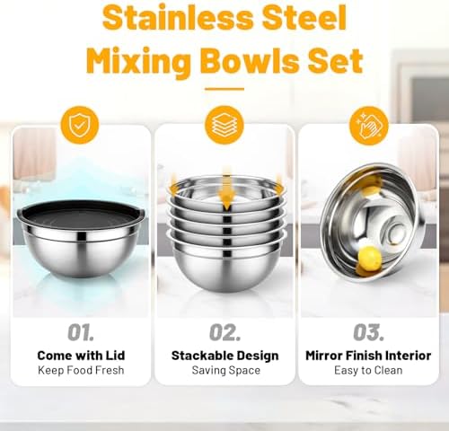 Beasea Mixing Bowls with Lids Set of 5, 4 QT Metal Stainless Steel Nesting Mixing Bowls with Lids, for Baking, Dough Bread Prepping, Salad, Food Serving and Kitchen Storing