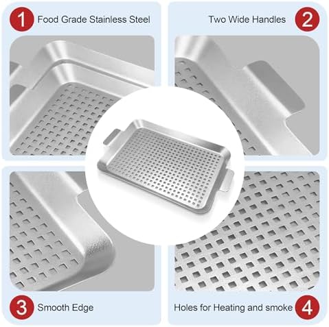 Grill Pan Set of 4, Grill Topper for Outdoor Grill, Stainless Steel Roasting Basket with Handles, Perforated Grill Tray for Smoker Roasting, Oven, BBQ Accessories (4 Small)