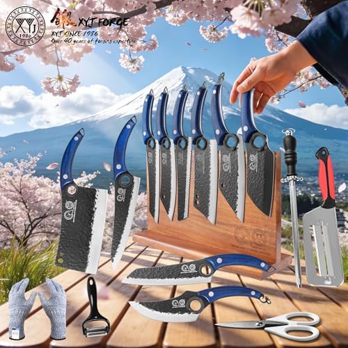 XYJ Kitchen Knife Set with Wood Magnetic Knife Block, 10Pcs Knives