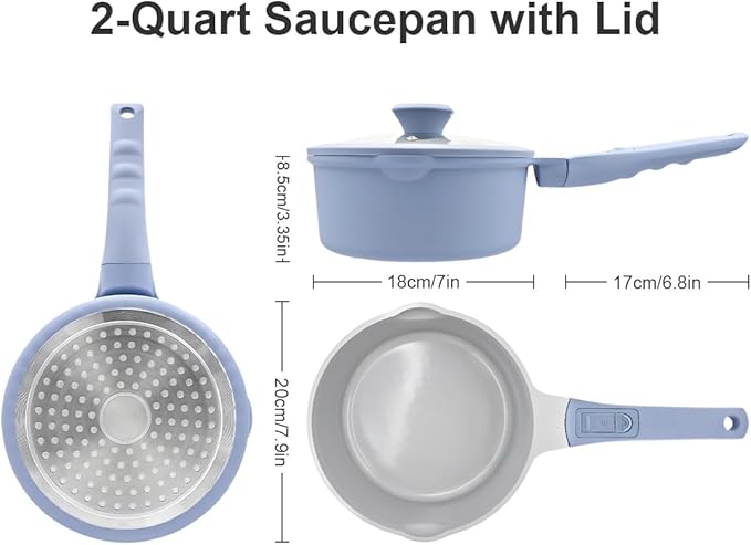 Sauce Pan with Lid, 2 Qt Ceramic Saucepan with Lid, Non Stick Sauce Pan, Milk Pot & Sauce Pot & Saucepan with Pour Spout, Detachable Handle Milk Pan, Induction Compatible, Oven Safe, Blue