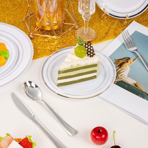 BESTSTAR 7 Inch White Plastic Plates,100PCS Disposable Dessert/Appetizer/Small Cake Plates with Silver Rim,Heavy Duty Plate Ideal for Wedding and Birthday (Pack of 2)