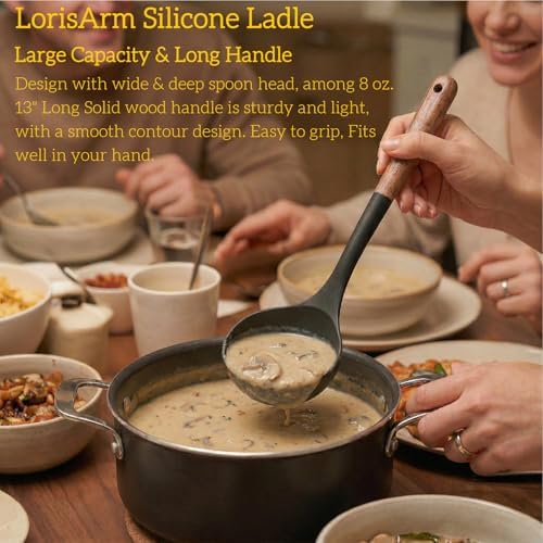 LorisArm Large 13" Soup Ladle Spoon, 8 Ounce Wooden handle Silicone Ladle Spoons Non Stick Kitchen Utensils.