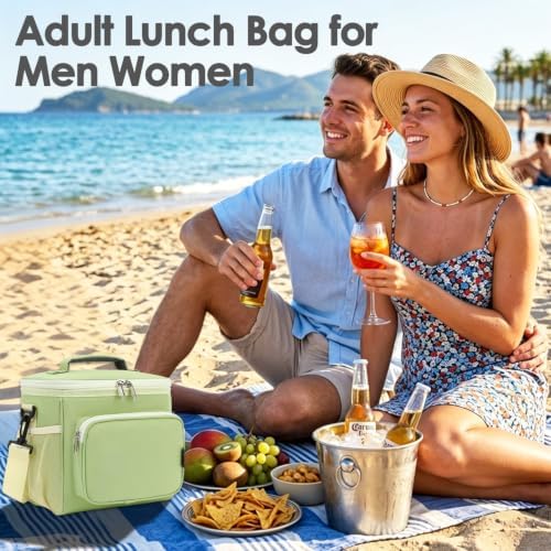 FlowFly Insulated Reusable Lunch Bag Adult Large Lunch Box for Women and Men with Adjustable Shoulder Strap,Front Zipper Pocket and Dual Large Mesh Side Pockets,Light Matcha