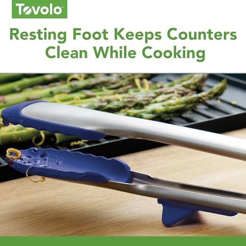 Tovolo Tip Top Tongs, Easy-Grip Kitchen Tongs for Cooking With Silicone Tips, Easy Locking Mechanism, Cooking Utensil With Resting Foot, Heat-Resistant & BPA-Free Silicone Tips, Deep Indigo
