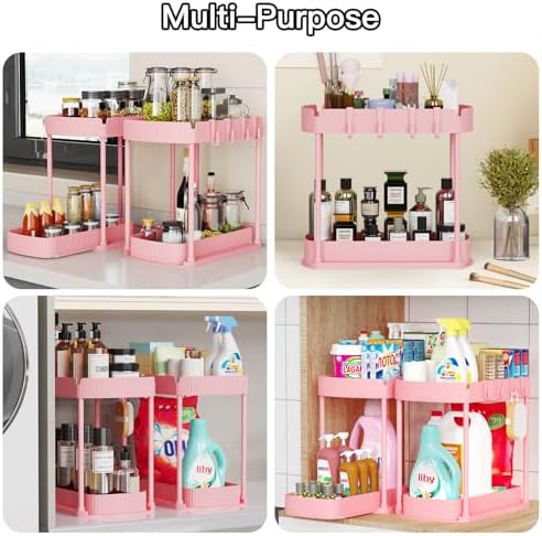 2 Packs Under Sink Pull-Out Storage Organizers, 14.8 Inches,Pink