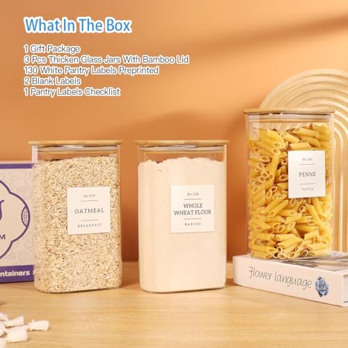 3 Pack Square Glass Pantry Storage Containers with 132 Kitchen Food Pantry Labels - 51 floz Clear Glass Pantry Jars with Airtight Wood Bamboo Lids - Glass Canisters for Candy, Cereal, Coffee, Spice
