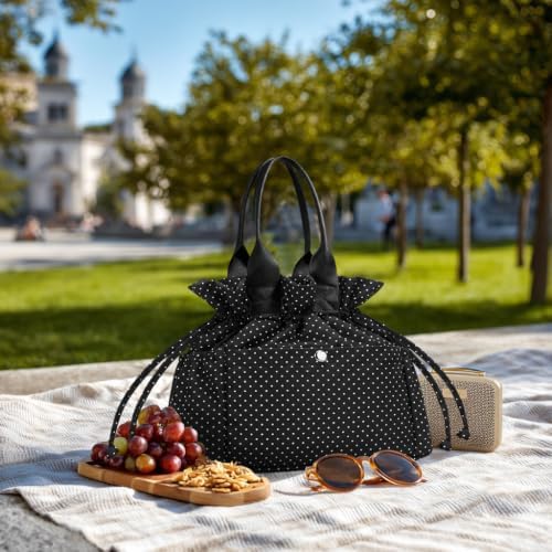 Yarnic Lunch Bag Women Insulated Lunch Box (Polka Dots Black)