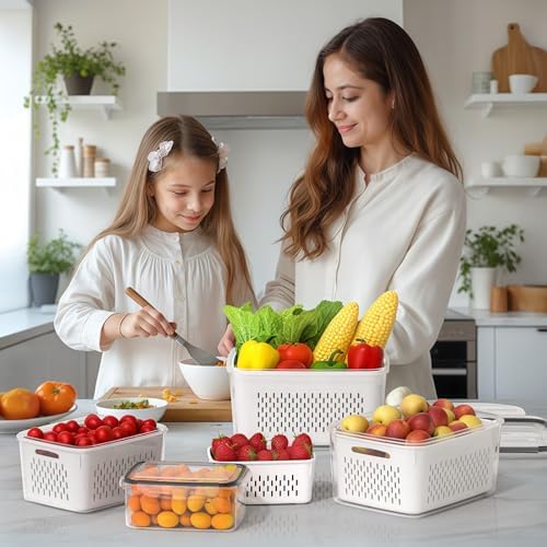 4 PCS Fruit Storage Containers for Fridge, Produce Containers for Fridge with Removable Colander, All-In-One Fruit Washing Bowl with Strainer Microwave/Dishwasher Safe for Salad Berry Lettuce Keeper
