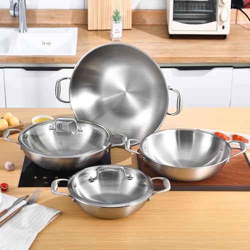 LOLYKITCH 11-Inch Stainless Steel Wok with Lid | 3.5-Quart | Dual Handles