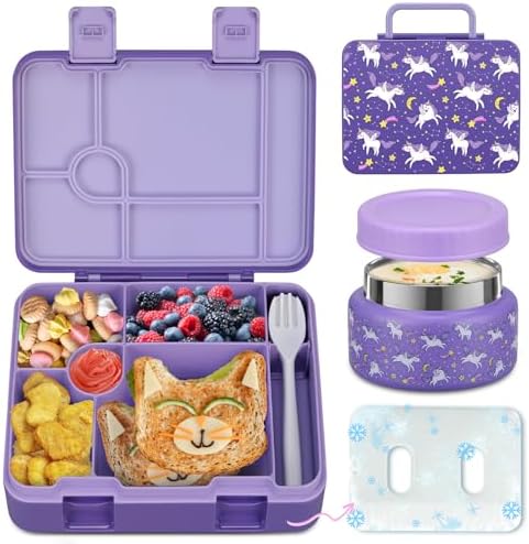 Bento Lunch Box Kids and 9oz Soup Thermos – 5.5-Cup Leakproof Kids Bento Box with Ice Pack & 9oz Insulated Food Jar – Hot & Cold Food Lunch Container for Boy Girl School, Purple Set