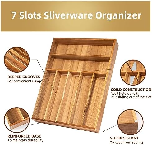 Besilord Silverware Organizer Kitchen Drawer Organizer Utensil Organizer Acacia Silverware Holder Cutlery Organizer in Drawer Flatware Organizer Tray(7 slots, Acacia