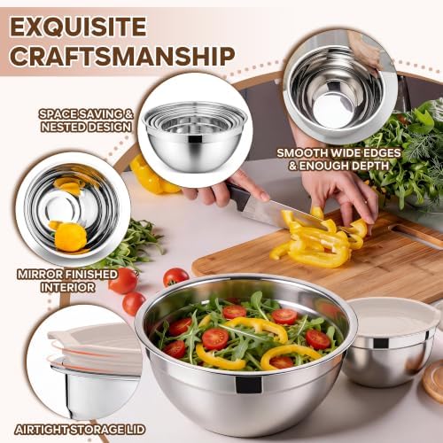 E-far Mixing Bowls with Lids Set, Stainless Steel Cooking Salad Bowl, Khaki