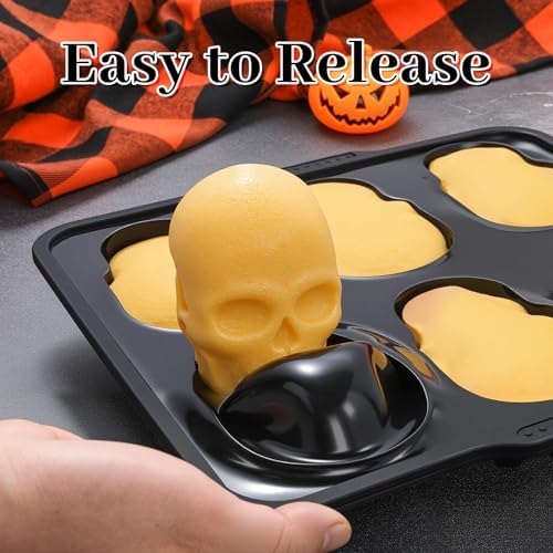 FUNBAKY Skull Baking Pan, Muffin Pan with Metal Reinforced Frame, Silicone Skull Cake Mold - Halloween Nonstick Large Molds for Baking with Handle (2 pack)