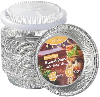 CURTA 9" Round Aluminum Foil Pans with Clear Lids | Heavy Duty | Great for Broiling, Baking, Storage, Roasting, Takeout, Air Fryer | 30 Pack