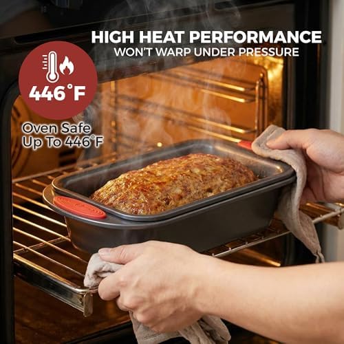 PERLLI Nonstick Meatloaf Pan with Drain Tray, Elevated Inner Pan for Fat and Grease Removal, Easy Grip Silicone Handles, Dishwasher Safe with Heavy-Duty Carbon Steel Bakeware for Even Heating (Gray)