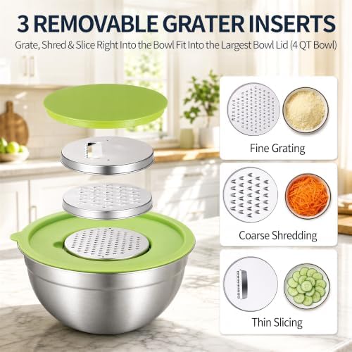 Stainless Steel Mixing Bowls with Lids Set, 3 Grater Inserts