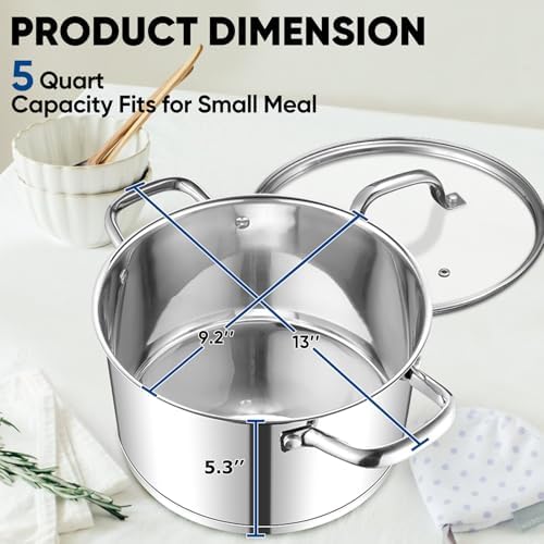 TeamFar 5 QT Stock Pot, Tri-ply Bottom Stainless Steel Stockpot