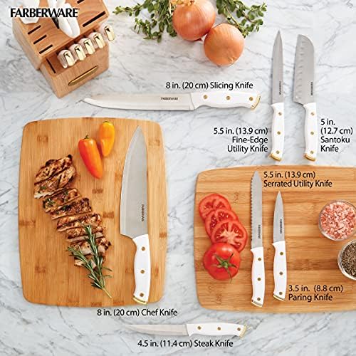 FARBERWARE 15-Piece Knife Block Set, Triple-Riveted High-Carbon Stainless Steel Kitchen Knives, Razor Sharp Blades, Wood Storage Block, White/gold, 15-Piece (Pack of 2)