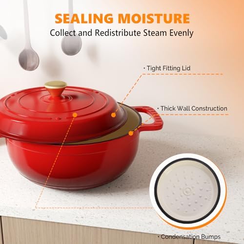 Bonnlo 7.5QT Round Dutch Oven, Enameled Cast Iron Dutch Oven Pot with Lid & Dual Handles, Oven Safe Up to 500° F, for Sourdough, Bread Baking, Stews and Roasting (Red)
