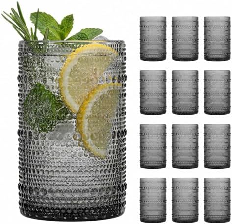 Moretoes 12 Pack 15 Oz Gray Large Hobnail Drinking Glasses Set