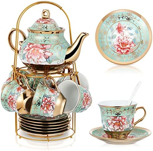 Zhehao 20 Pcs Porcelain Tea Set for Adult, with Metal Holder, Fresh