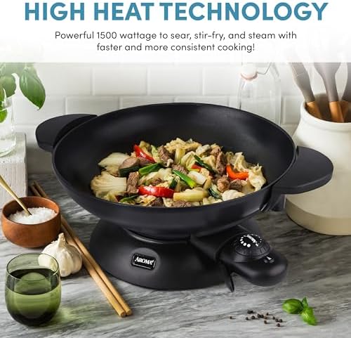 Aroma Housewares AEW-306 Electric Wok with Tempered Glass Lid Easy Clean Nonstick, Cooking Chopsticks, Tempura and Steaming Racks, Professional Model, Black
