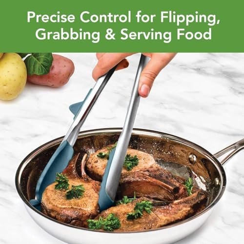 Tovolo Tongs With Silicone Tips Easy Grip 13" Long Kitchen Tongs Stainless Steel Handle For Cooking, Non Scratch Heat Resistant Locking Tongs Silicone Tipped Dishwasher Safe BPA Free, Blue Slate