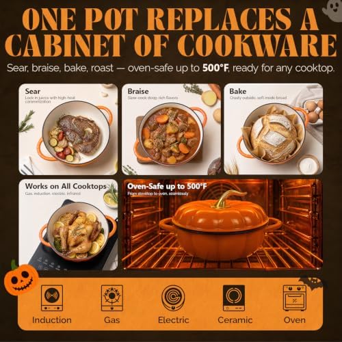 ROVSUN Pumpkin Dutch Oven Pot with Lid – Enameled Cast Iron Pumpkin Shaped Pot with Gold Stem Knob, Matching Halloween Trivet & Oven Mitts, Fall Cookware for Soup, Stew & Braising, Orange, 5QT