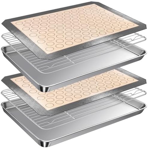 Stainless Steel Baking Sheet Tray Cooling Rack with Silicone Baking Mat Set, 16 x 12 x 1 Inch Cookie Sheet Pan with Wire Rack Set, Set of 6 (2 Sheets + 2 Racks + 2 Mats), Heavy Duty & Rust Proof