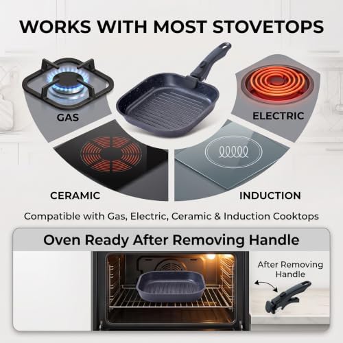 Stove Top Grill Pan, 10.8-Inch Square Pan for Steak, Detachable Handle