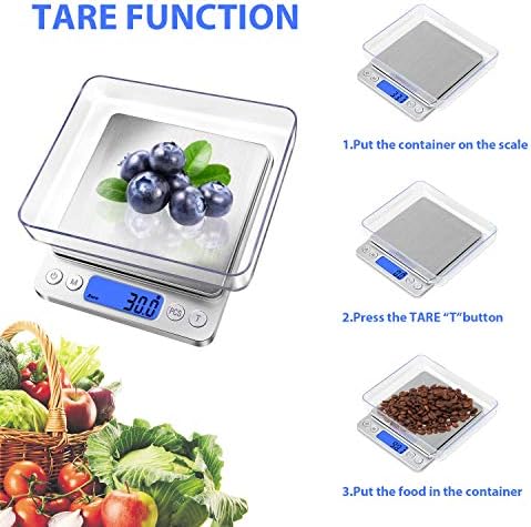 Digital Food Kitchen Scale, 3000g/0.1g High Accuracy Mini Pocket Scale Measures in Grams and oz for Cooking, Baking, Jewelry, Tare Function,2 Trays, LCD Display (Batteries Included)