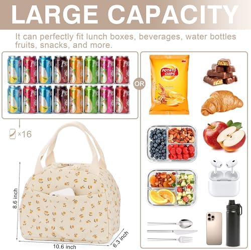 TESAFNG Lunch Bag - Insulated Lunch Box for Women, Reusable Large Capacity Cooler Bag for Adult, Small Leakproof Cute Corduroy Lunch Tote for Work Office Travel Picnic (Corduroy Chrysanthemum)