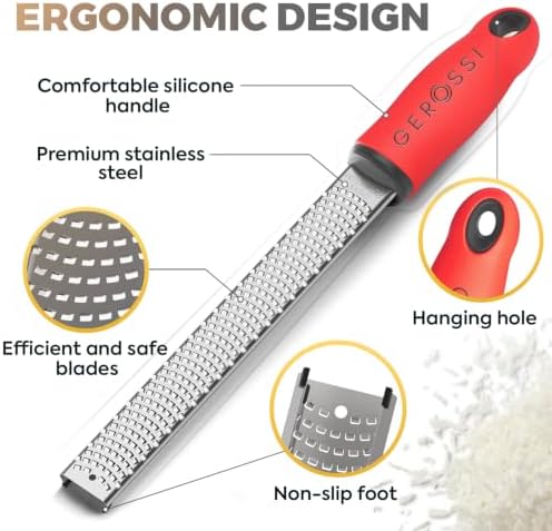 Stainless Steel Cheese Grater & Lemon Zester w/Extra Sharp Blade - Perfect for Lemon, Parmesan, Garlic, Chocolate - Spice Up any Dish in Seconds w/Your Premium Citrus Hand Grater with Handle - Red