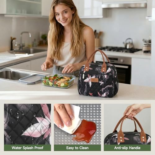 HOMESPON Insulated Lunch Bag for Women Men, Cooler Tote Box, Pink Flowers