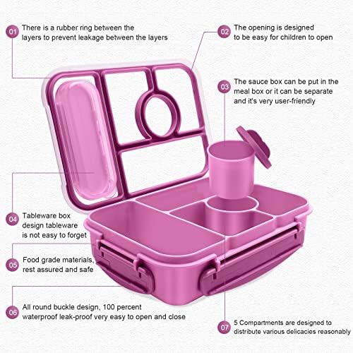 Amathley Bento Box Adult Lunch Box Kids,Lunch Containers for Adults/Kids/Toddler,5 Compartments Bento Lunch Box with Sauce Vontainers,Microwave & Dishwasher & Freezer Safe,BPA-Free (Purple)