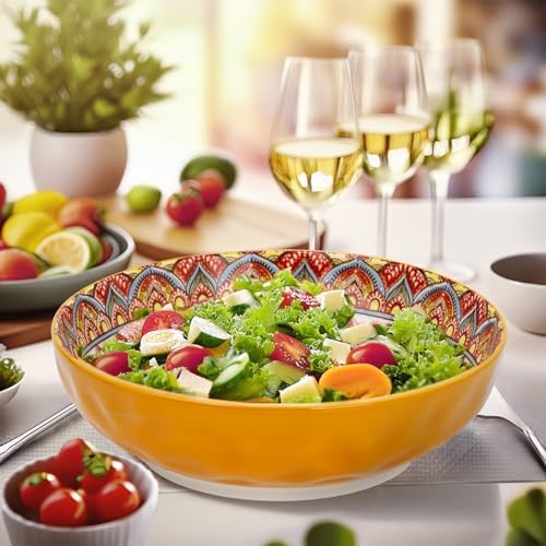 75 Oz Serving Bowls,Bohemian Style Large Porcelain Dishes for Entertaining Parties,Big Bowls for Eating Soup, Salad, Pasta, Fruit, Chips, 10.3 Inch Diameter (orange)