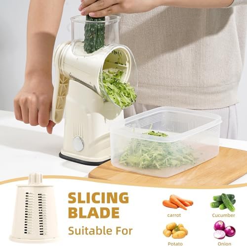 Rotary Cheese Grater with Handle, 5 Replaceable Blades (Beige)