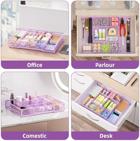 Marbrasse Expandable Desk Drawer Organizer, Mesh Drawer Organizer Tray with 10 Adjustable Compartments, Desk Organizers and Accessories for Office Supplies, Makeup & Vanity (Expandable-Purple)