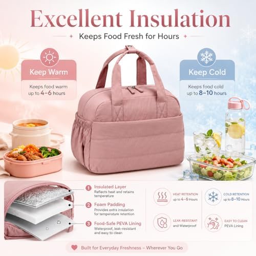 CAMTOP Lunch Box for Women Men Insulated Lunch Bag Lunch Tote Bag Leakproof Thermal Cooler Large Capacity for Travel Work School Picnic (Dark Pink, Medium)
