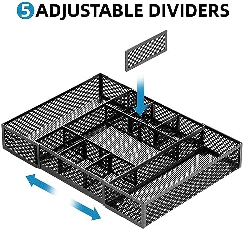 Marbrasse Expandable Desk Drawer Organizer, Mesh Drawer Organizer Tray with 10 Adjustable Compartments, Desk Organizers and Accessories for Office Supplies, Makeup & Vanity (Expandable Black-2 pack)