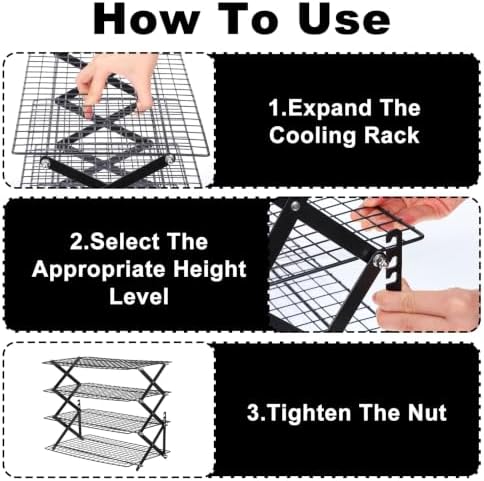 4 Tier Cooling Rack Adjustable Stackable Non-Stick Wire Rack Stainless Steel Baking Racks with Leak-Proof Mesh X-Shaped Structure for Roasting Cooking Cookies Cakes Drying Picnic Party