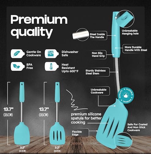 BakeRoyal Silicone Spatula Set - Turner Spatulas Silicone Heat Resistant 600°F - Slotted & Solid Spatula for Cooking Fish, Eggs, Pancakes Flipper – Spatulas for kitchen use – Aqua