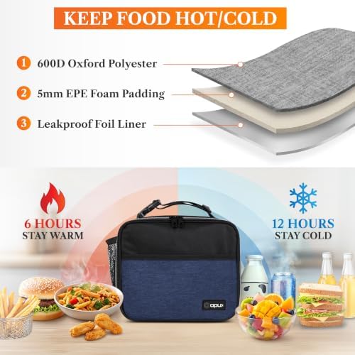 opux Insulated Lunch Bag for Kids, Reusable Lunch Box for School, Navy Blue