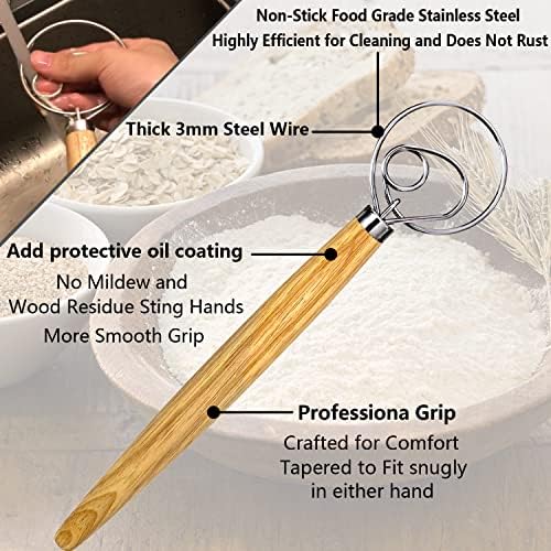 Danish Dough Whisk, Sourdough Tools For Bread Mixer,Sourdough Starter Kit, Dutch Style Bread Whisk For Sourdough Cooking Kitchen with Stainless Steel Danish Sourdough Whisks13" and Dough Scraper