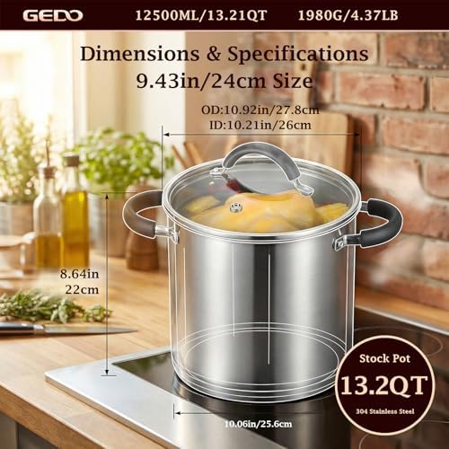 GEDO Food-Grade 304 Stainless Steel Stock Pot, Thickened Cooking Pot with Tempered Glass Lid, Heat-Resistant Handles, Fits All Stovetops for Soup Stew Canning, Dishwasher Safe (13.2, Quarts)